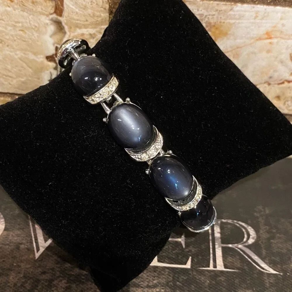 Vintage Signed CORO Blue Cabochon & clear Rhinestone Silver metal Bracelet